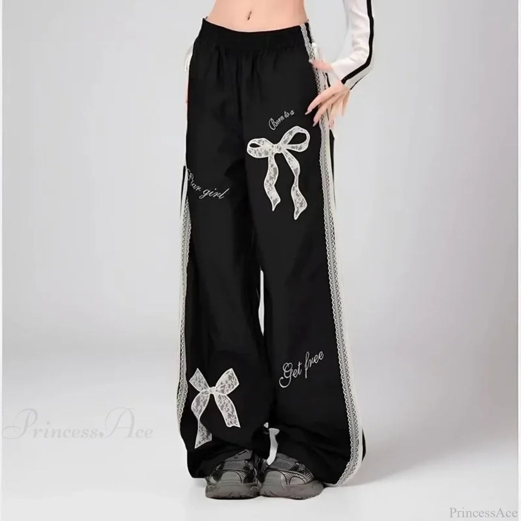 Black Bow Lace Y2K Women Vintage Pants image 1