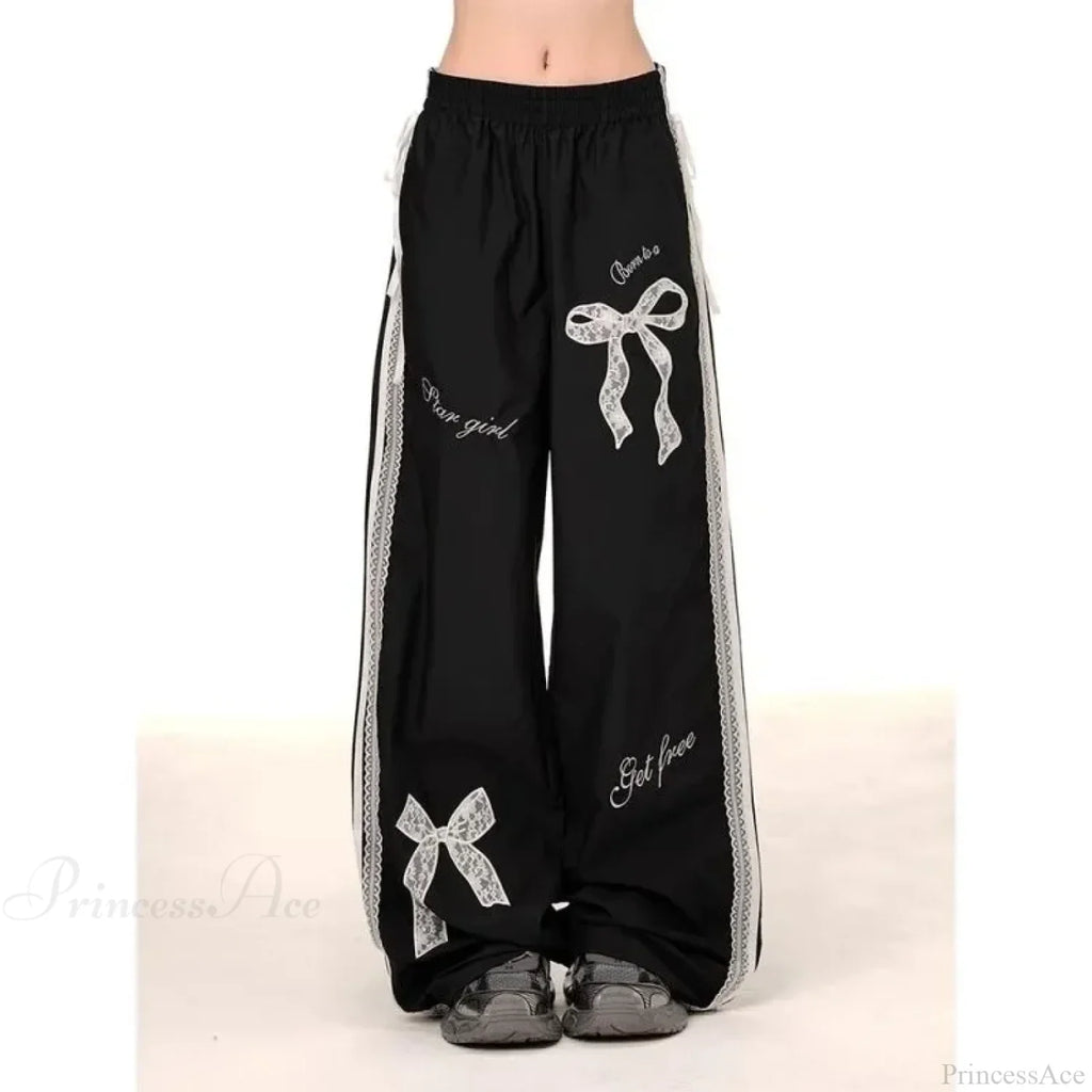 Black Bow Lace Y2K Women Vintage Pants image 2