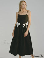 Black Bow Solid Charming Strap Midi Dress image 3