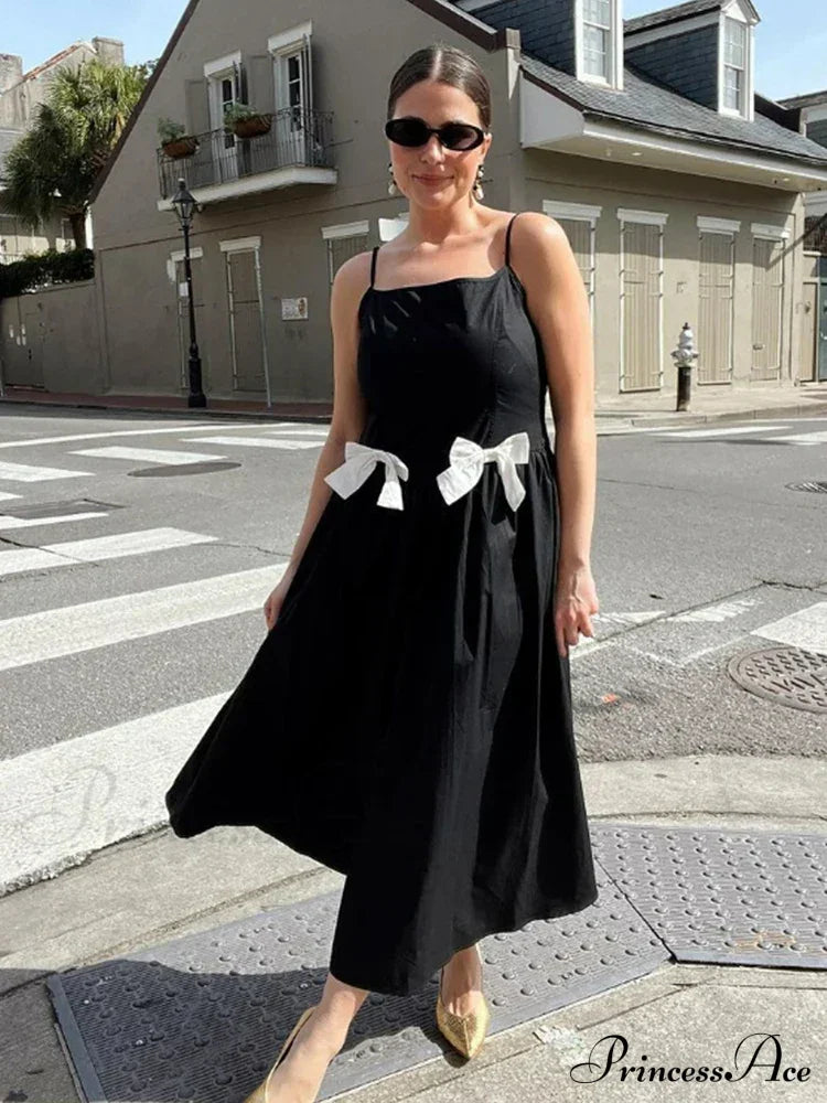 Black Bow Solid Charming Strap Midi Dress image 2