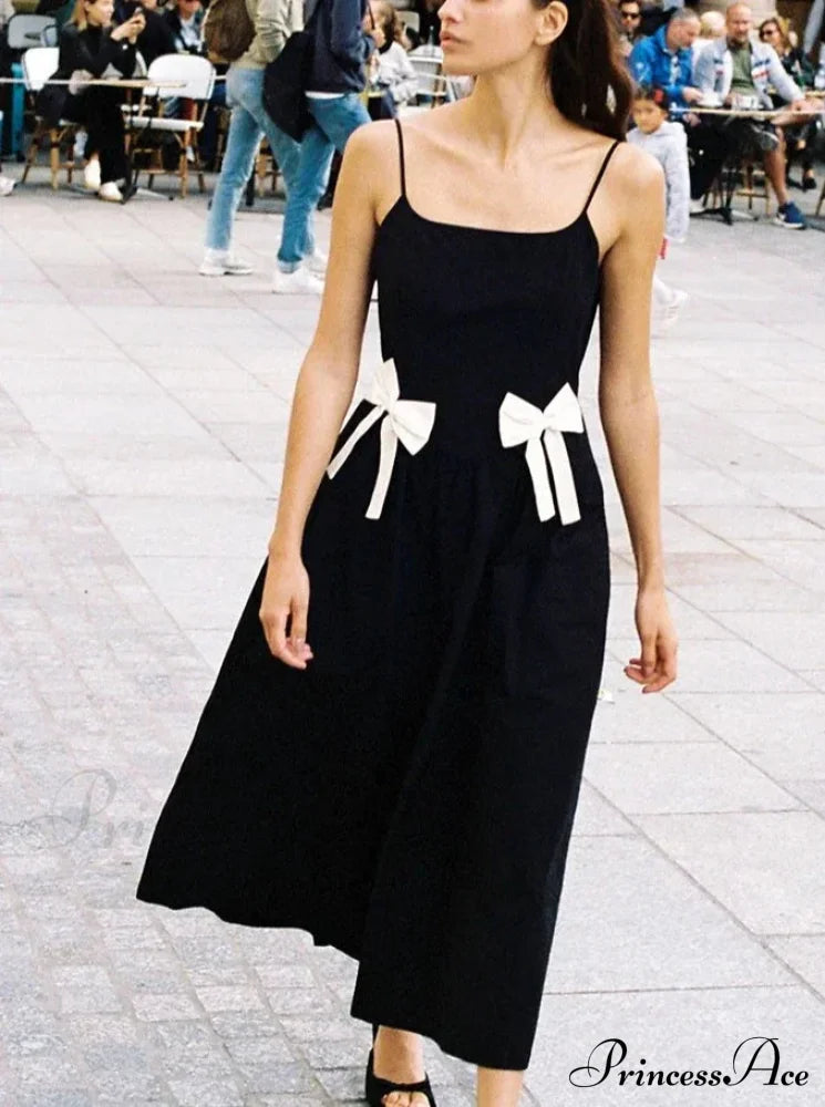 Black Bow Solid Charming Strap Midi Dress image 1