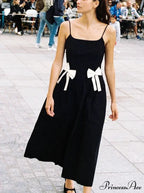Black Bow Solid Charming Strap Midi Dress image 1
