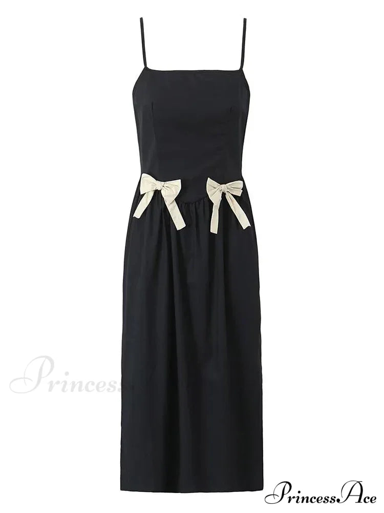 Black Bow Solid Charming Strap Midi Dress image 4