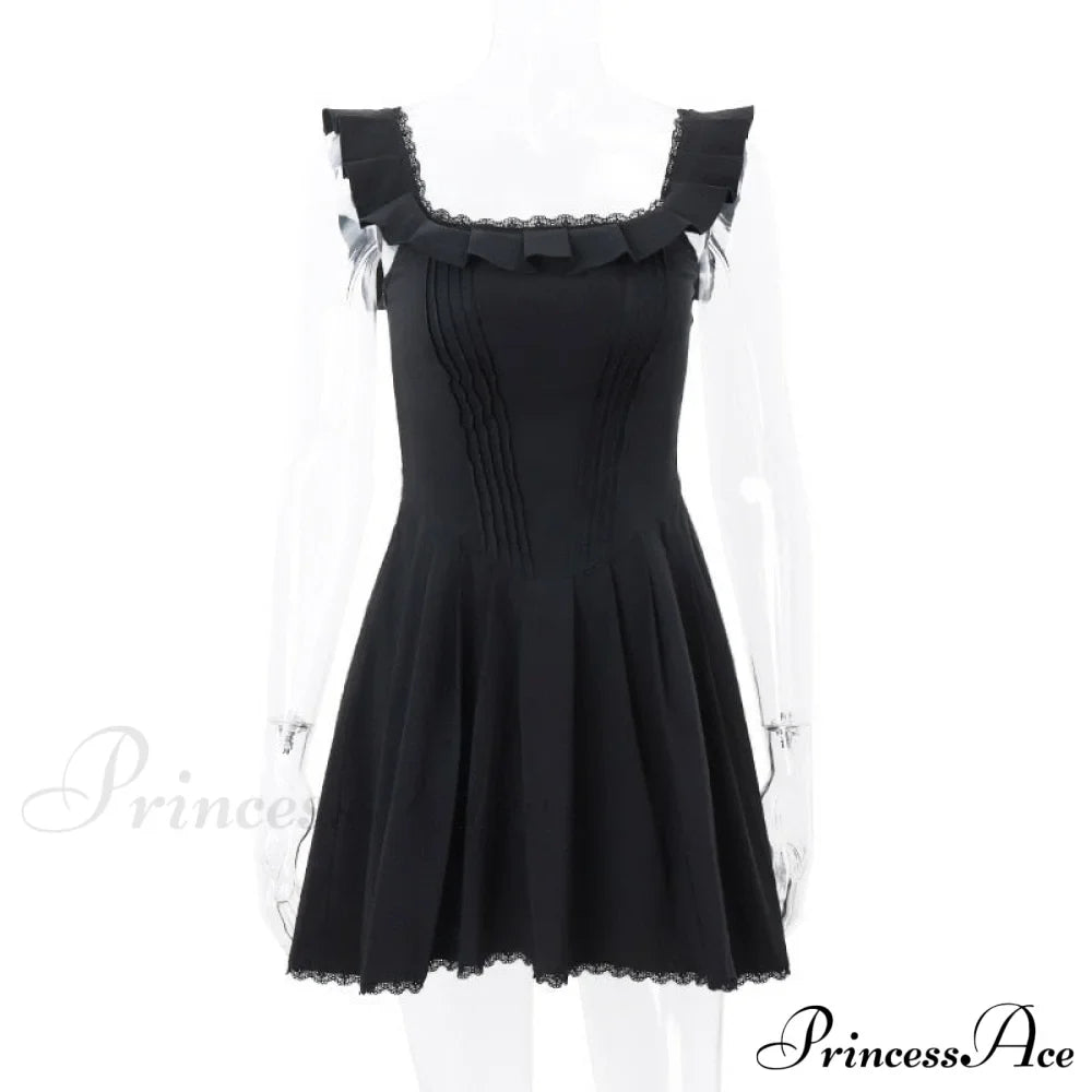 Black Corset Square Neck Graceful Frill Strap Mini Dress image 7