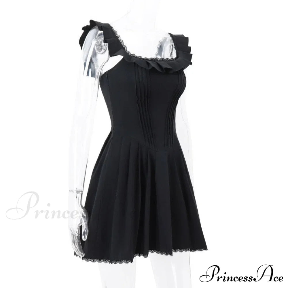 Black Corset Square Neck Graceful Frill Strap Mini Dress image 8