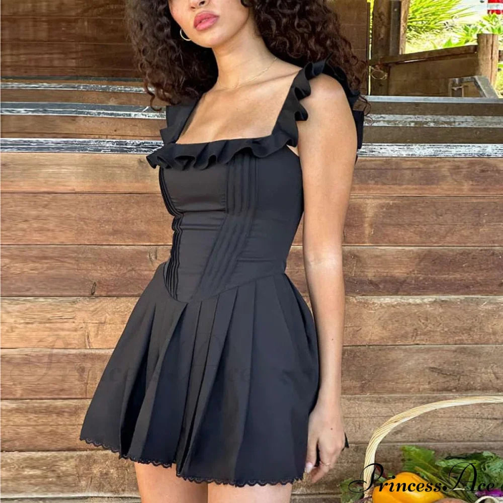 Black Corset Square Neck Graceful Frill Strap Mini Dress image 2