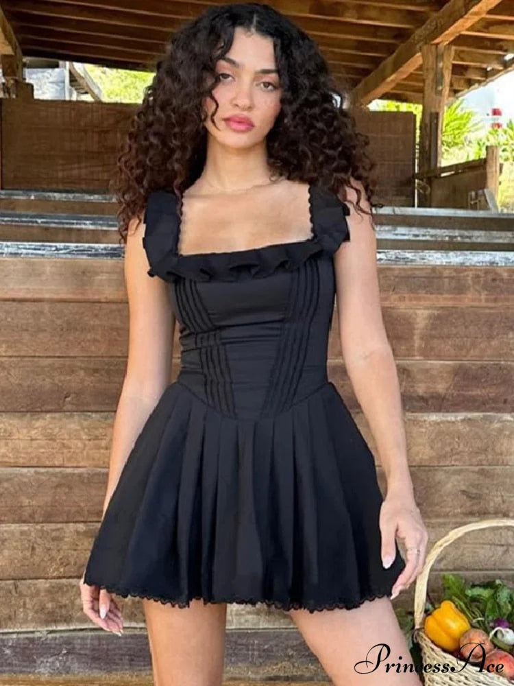Black Corset Square Neck Graceful Frill Strap Mini Dress image 1