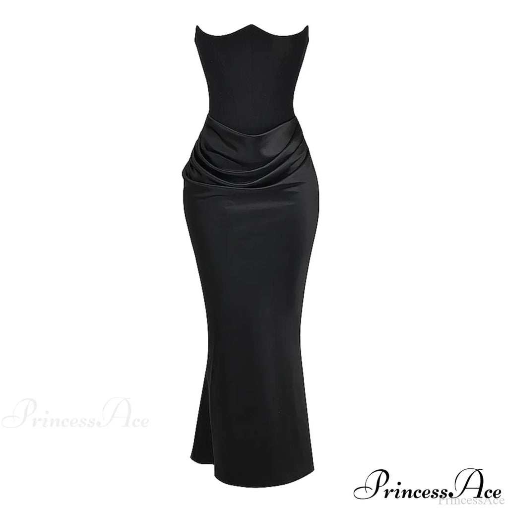 Black Corset Tube Charming Satin Maxi Dress image 3