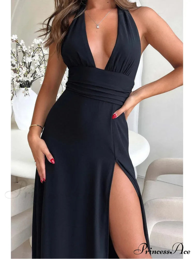 Black Deep Neck Charming High Split Maxi Dress image 3