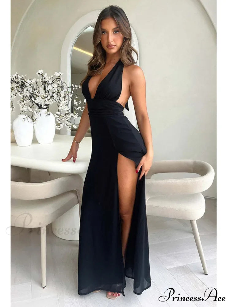 Black Deep Neck Charming High Split Maxi Dress image 1