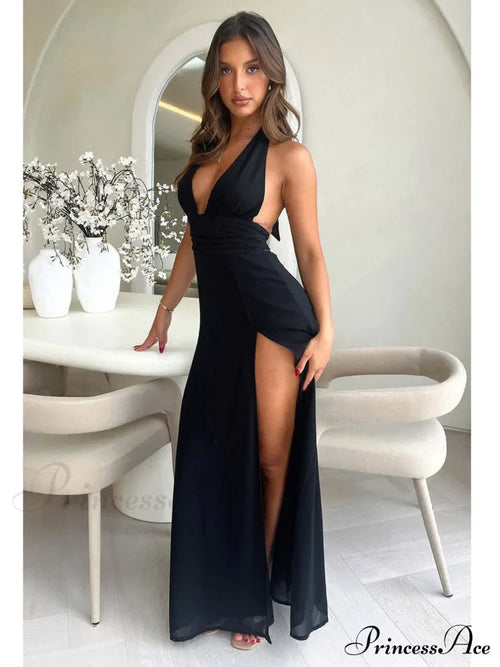 Black Deep Neck Charming High Split Maxi Dress image 1