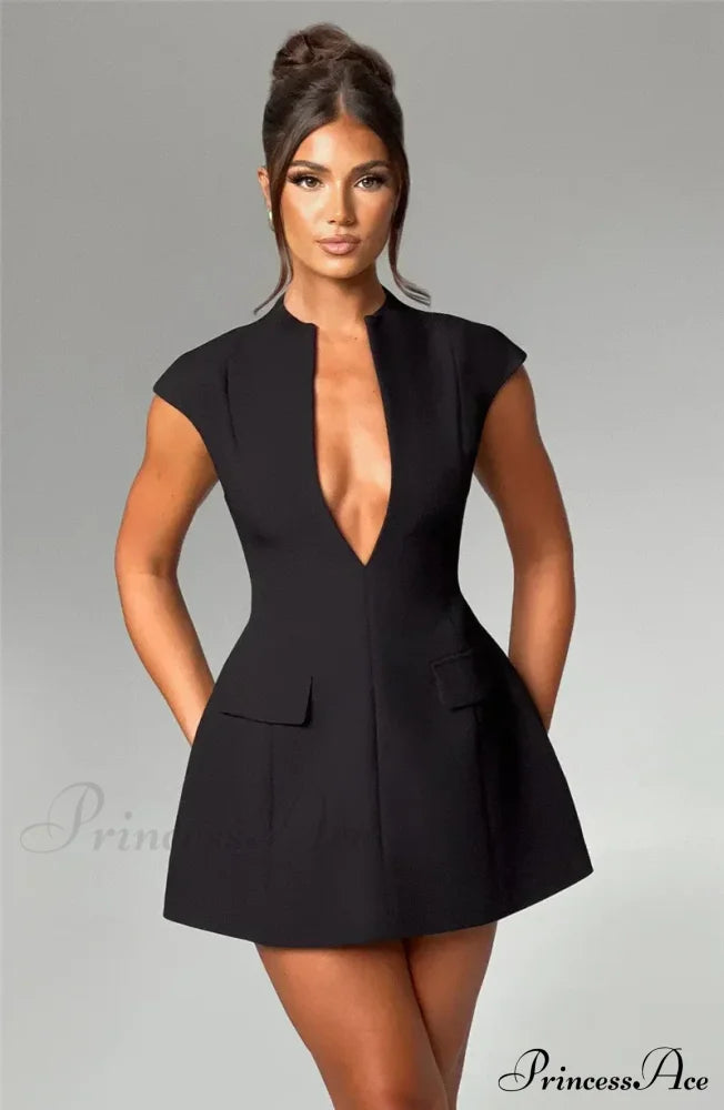 Black Deep Neck Charming Short Sleeve Mini Dress image 6