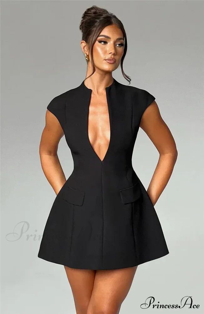 Black Deep Neck Charming Short Sleeve Mini Dress image 3