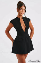 Black Deep Neck Solid Mini Dress image 6