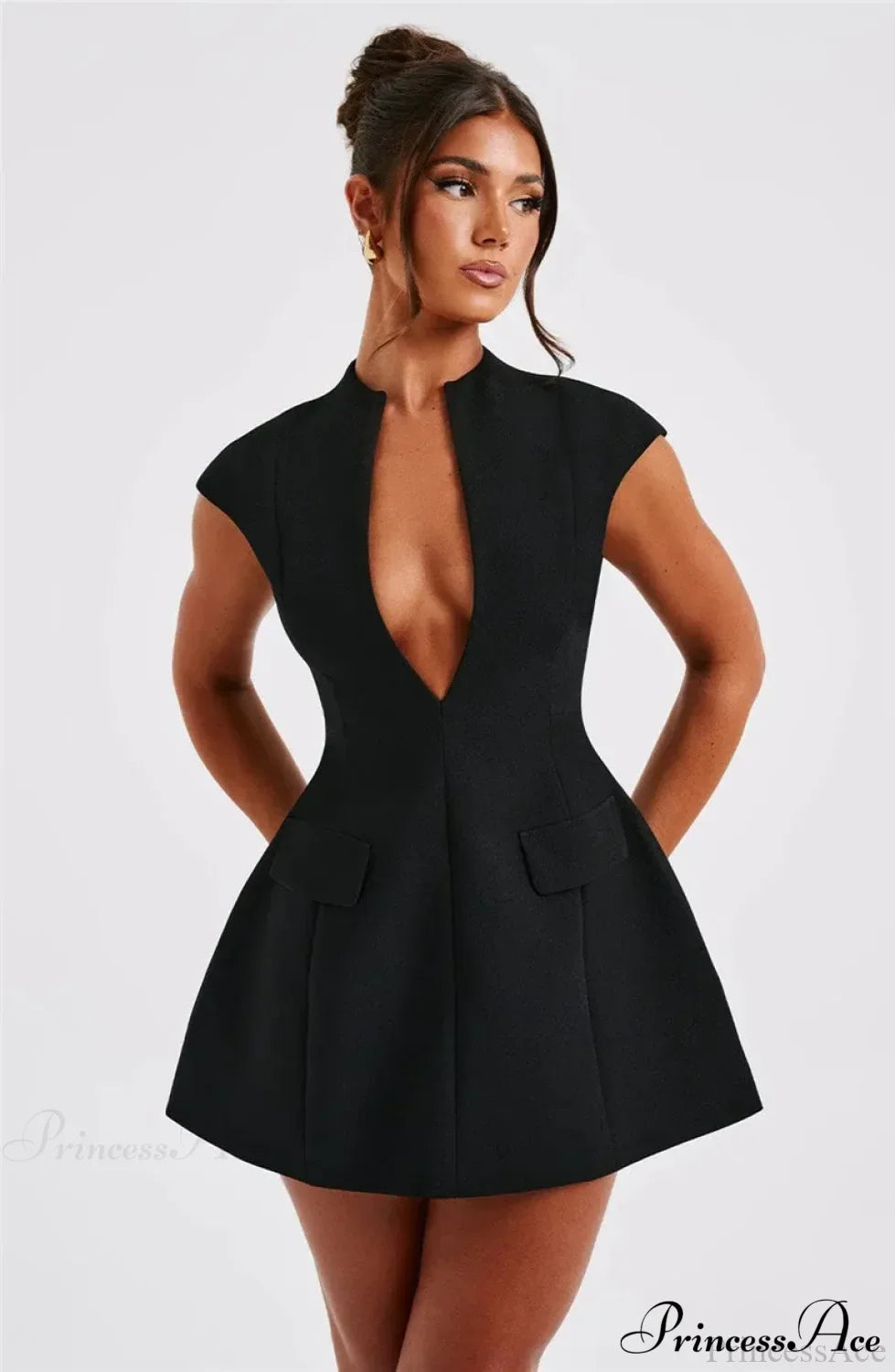 Black Deep Neck Solid Mini Dress image 4