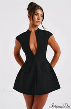 Black Deep Neck Solid Mini Dress image 4