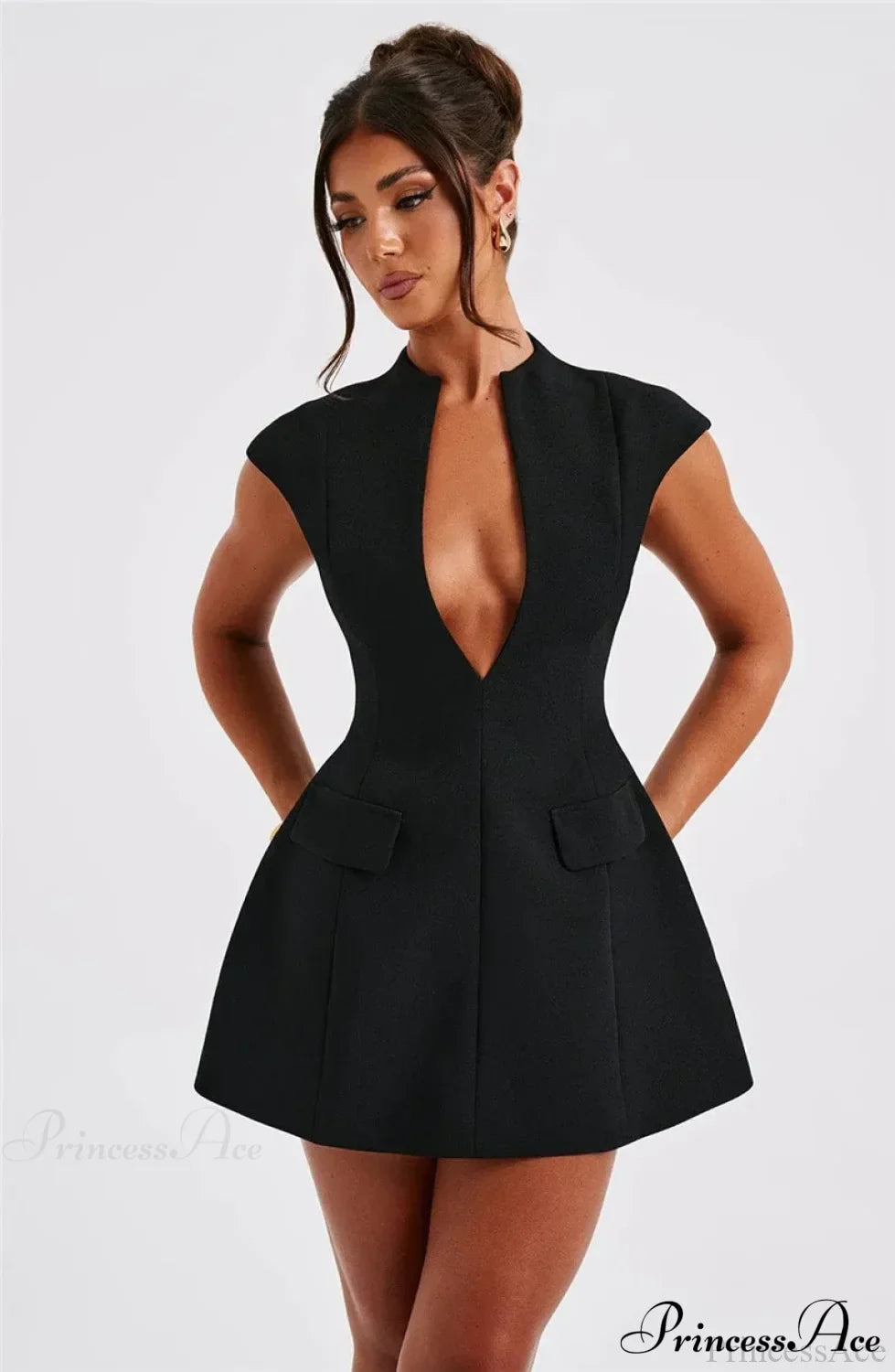 Black Deep Neck Solid Mini Dress image 5