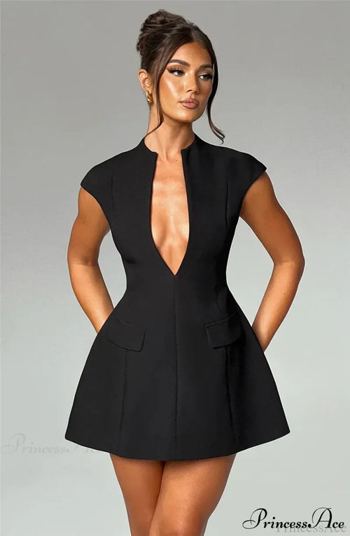 Black Deep Neck Solid Mini Dress image 2