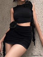 Black Distressed Knit Trendy Two Piece Set image 2