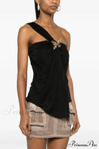 Black Draped Top Charming With An Asymmetrical Cut image 3