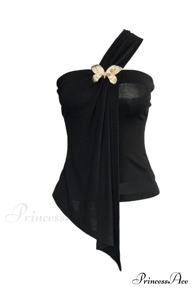 Black Draped Top Charming With An Asymmetrical Cut image 5