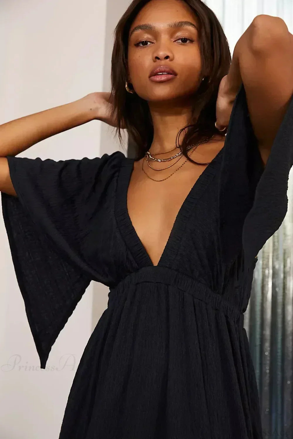Black Embroidery Round Neck Flare Boho Dress image 8