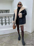 Black Faux Leather Charming Fur Lining Coat image 1