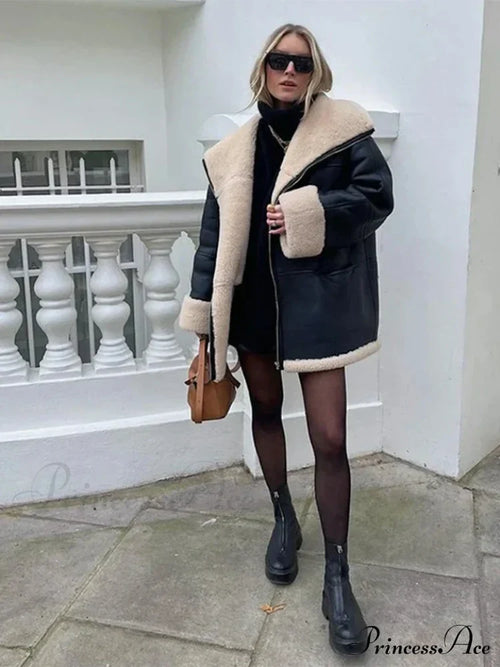 Black Faux Leather Charming Fur Lining Coat image 1