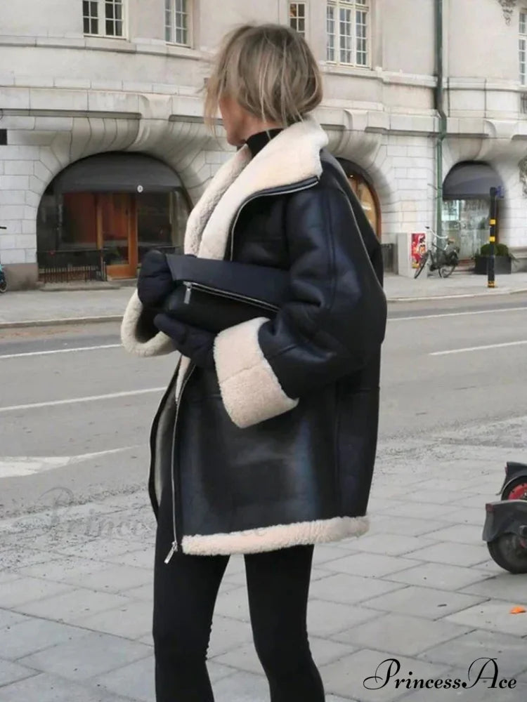 Black Faux Leather Charming Fur Lining Coat image 4