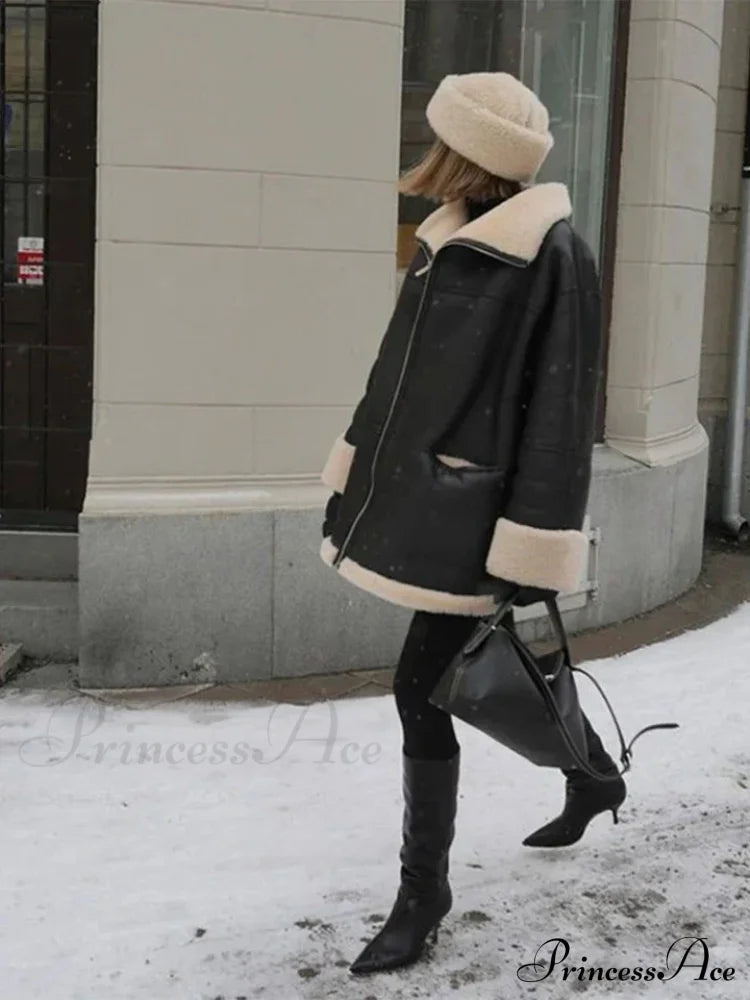 Black Faux Leather Charming Fur Lining Coat image 5