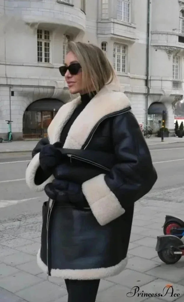 Black Faux Leather Charming Fur Lining Coat image 2