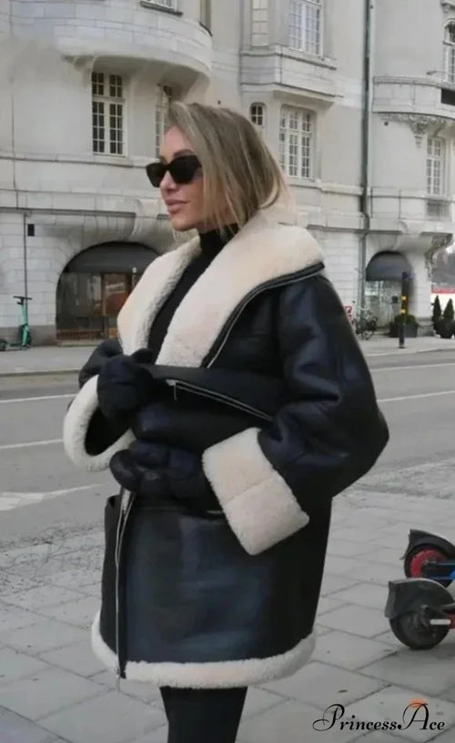 Black Faux Leather Charming Fur Lining Coat image 2