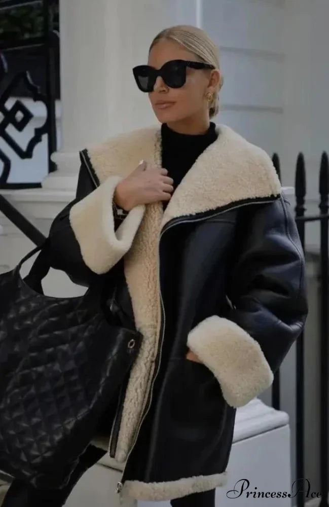 Black Faux Leather Charming Fur Lining Coat image 3