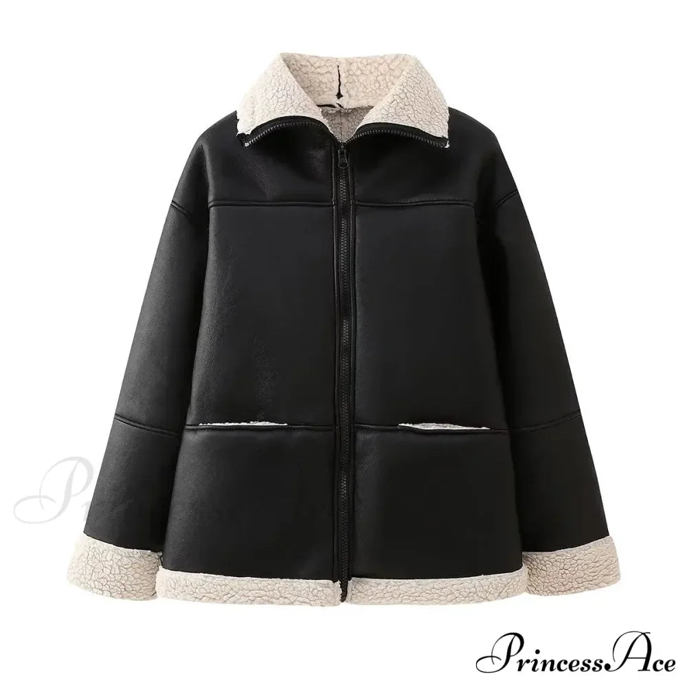 Black Faux Leather Charming Fur Lining Coat image 6
