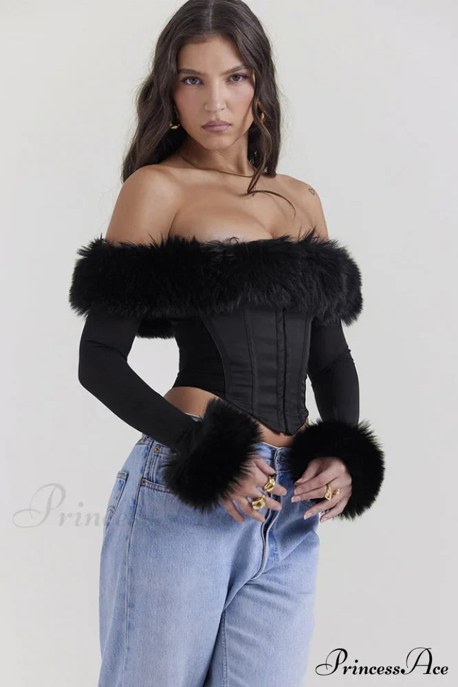 Black Faux Stylish Fur Trimmed Bustier image 3