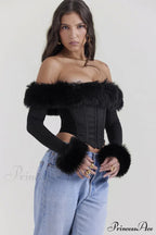Black Faux Stylish Fur Trimmed Bustier image 3