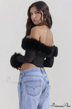 Black Faux Stylish Fur Trimmed Bustier image 4