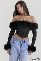 Black Faux Stylish Fur Trimmed Bustier image 2