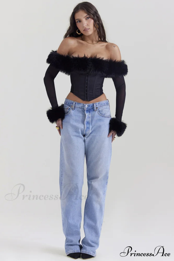 Black Faux Stylish Fur Trimmed Bustier image 5