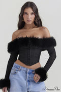 Black Faux Stylish Fur Trimmed Bustier image 1
