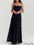 Black Floral Lace Charming Back Maxi Dress image 1