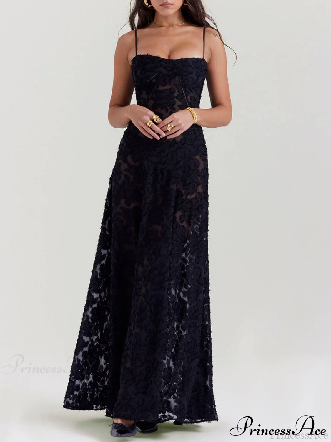 Black Floral Lace Charming Back Maxi Dress image 1
