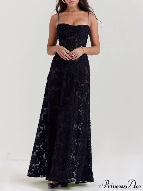 Black Floral Lace Charming Back Maxi Dress image 1