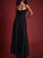 Black Floral Lace Charming Back Maxi Dress image 6