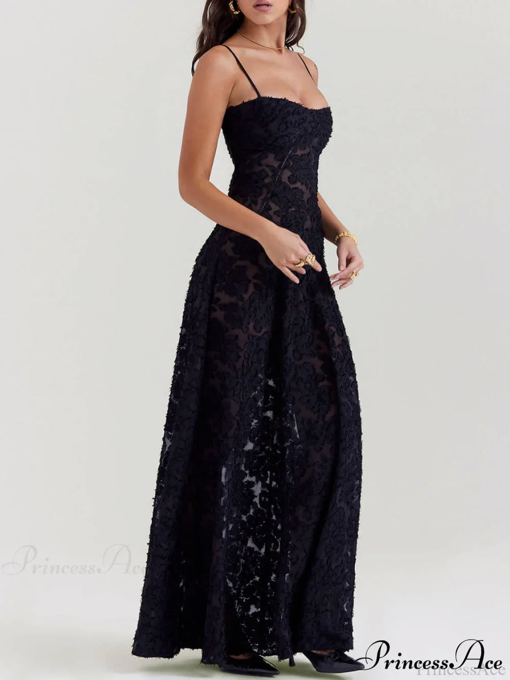 Black Floral Lace Charming Back Maxi Dress image 4