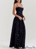 Black Floral Lace Charming Back Maxi Dress image 4