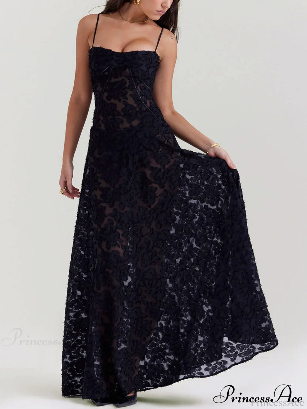 Black Floral Lace Charming Back Maxi Dress image 3