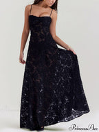 Black Floral Lace Charming Back Maxi Dress image 3