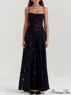 Black Floral Lace Charming Back Maxi Dress image 2