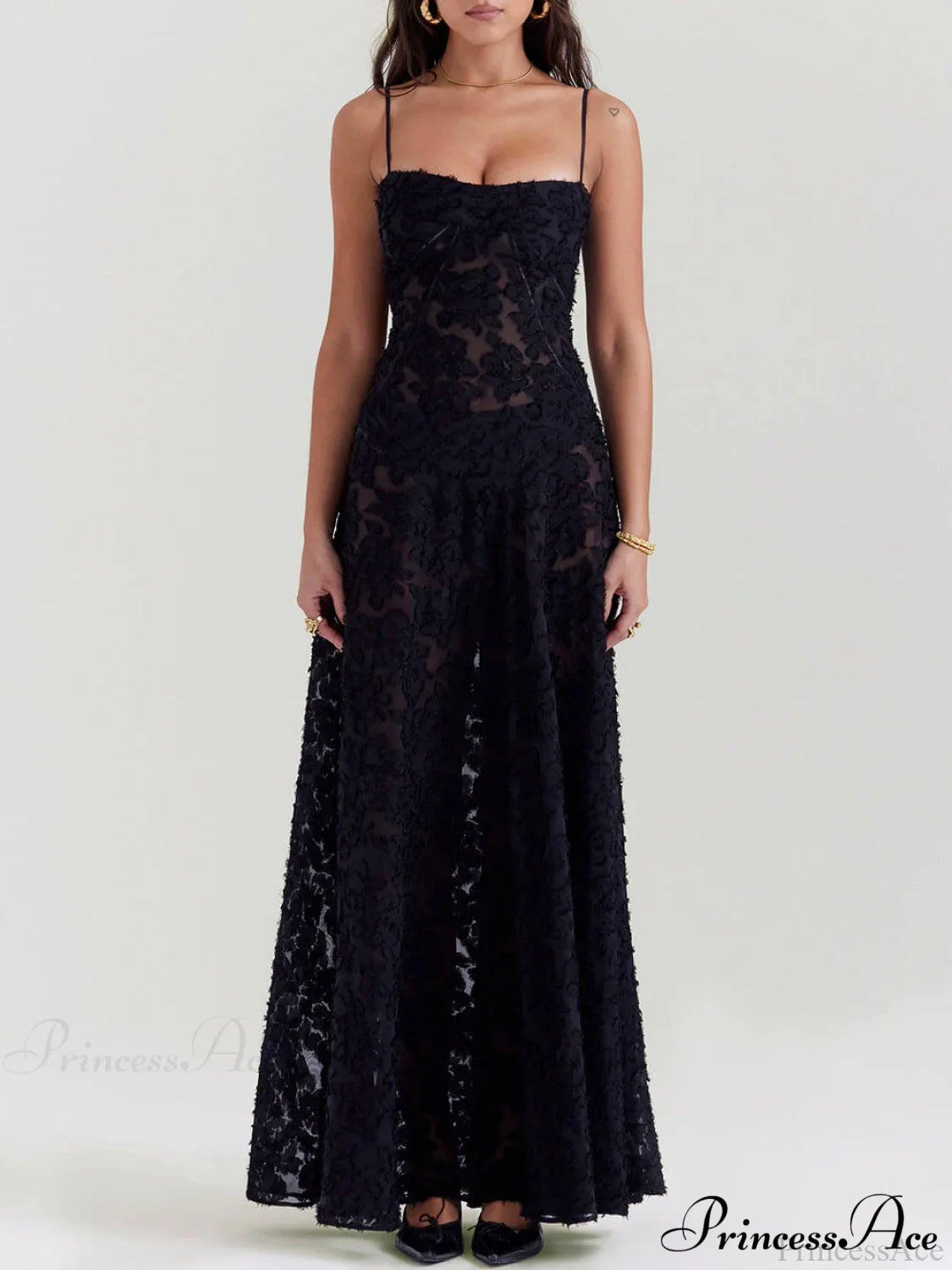 Black Floral Lace Charming Back Maxi Dress image 2